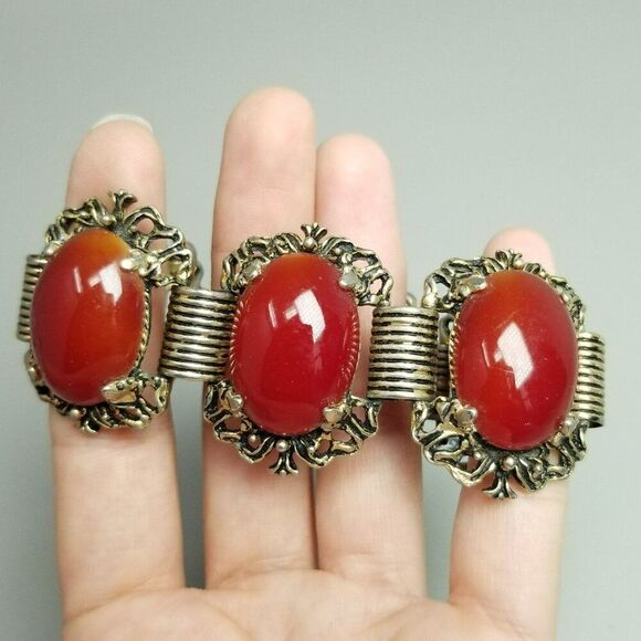 Vintage Red Oval Cabochon 6 Panel Bracelet, Retro Statement Bangle, Estate - Picture 2 of 7